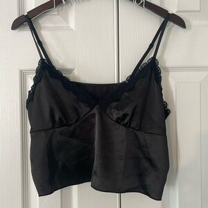 Black Satin Lace Cami Tank Top Women’s L Slip Y2K Goth Grunge Boho Crop Sexy